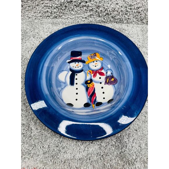 Tabletops Blue Hand Painted Snow Couple Pasta Rim Ceramic Plate 14.75" Limited - Picture 1 of 8